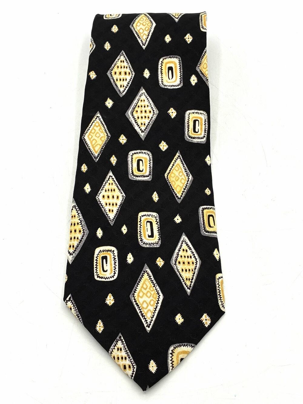 Vintage Daniel de Fasson Handmade Silk Tie Black Gold Geometric Necktie